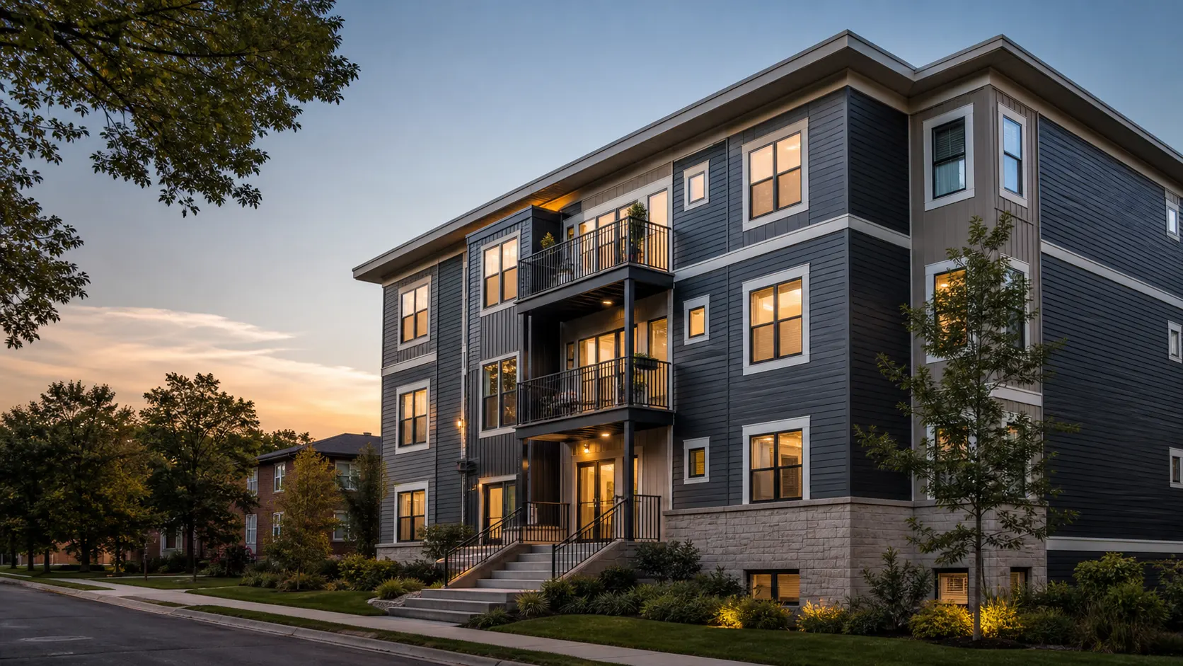 Modern Kansas City multifamily siding exterior at dusk